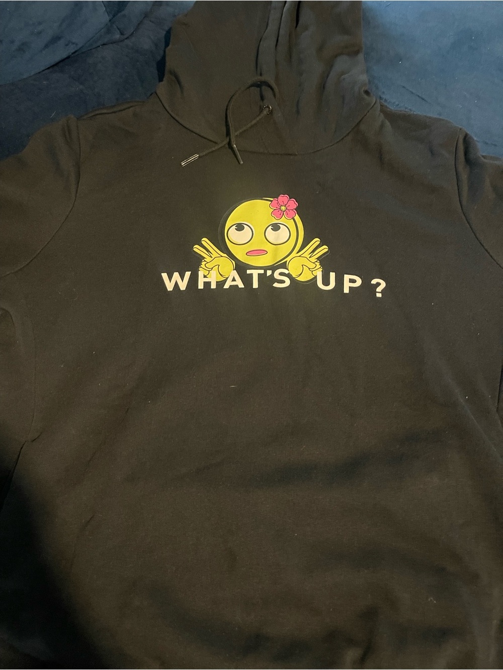 Black Hoodie with Yellow Emoji "What's Up?" Graphic